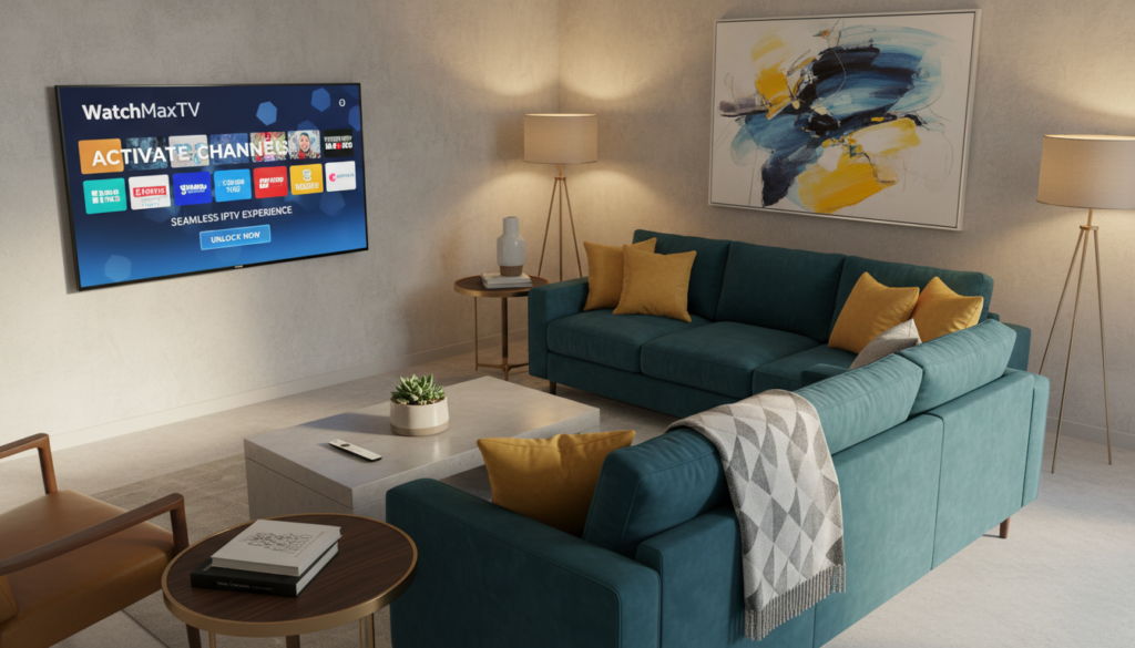 A clean, modern living room featuring a sleek TV displaying the "WatchMaxTV" interface for seamless IPTV channel activation. In the foreground, a remote control rests on a minimalist coffee table with a decorative plant. The middle ground showcases a comfortable sofa and side tables, with vibrant colors Iike teal and mustard yellow creating a warm atmosphere. The background reveals abstract wall art and soft ambient lighting from floor lamps, casting a serene glow throughout the room. The scene portrays a sense of anticipation and excitement, evoking the ease of unlocking channels with a streamlined, user-friendly experience. Capture the angle from slightly above, emphasizing the inviting space without any people present, ensuring a professional and stylish aesthetic.