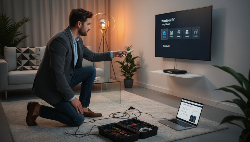 A clean, modern living room scene showcasing a person dressed in professional casual attire, attentively setting up a sleek smart TV connected to a streaming device labeled "WatchMaxTV." In the foreground, the individual is using a remote control, with a focused expression, surrounded by cables and a small toolset. In the middle ground, the smart TV displays an IPTV setup interface, while nearby, a laptop shows a guide for configuration. The background features contemporary furniture, soft lighting illuminating the scene for a warm, inviting atmosphere. The overall mood conveys a sense of focus and modern technology integration, highlighting the ease of preparing a smart TV for IPTV setup.
