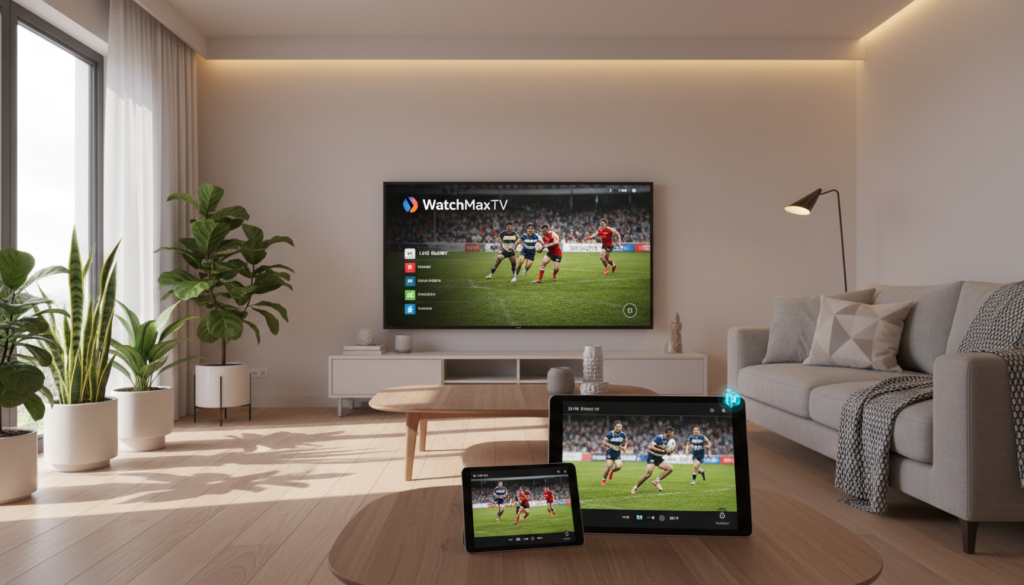 A clean, modern living room scene showcasing multi-device streaming compatibility for rugby matches. In the foreground, a sleek smart TV displays the "WatchMaxTV" logo, highlighting its streaming interface. A tablet and smartphone on a stylish coffee table show a rugby match in progress, with user-friendly navigation on their screens. In the middle, a comfortable sofa with plush cushions invites relaxation, emphasizing a homely atmosphere. The background features a well-lit space, with soft ambient lighting creating a cozy feel. A window lets in natural light, casting gentle shadows, while decorative plants add a touch of life. The overall mood is inviting and tech-savvy, reflecting the excitement and accessibility of streaming rugby across multiple devices.