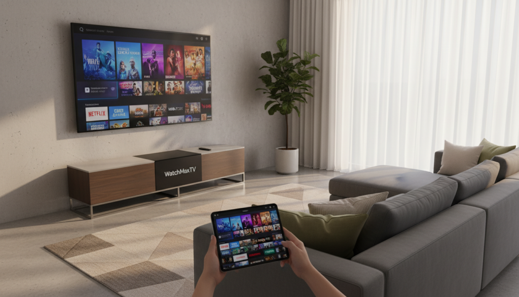 A clean, modern living room setting, featuring a sleek TV mounted on the wall displaying a vibrant streaming interface. In the foreground, a stylish streaming device branded "WatchMaxTV" prominently placed on a contemporary media console, accompanied by a remote control. The middle ground includes a comfortable sofa with a tablet and smartphone displaying various streaming options side by side, symbolizing device compatibility. The background features a window with soft, natural light filtering in, casting gentle shadows to create a warm and inviting atmosphere. The overall mood is dynamic yet relaxed, emphasizing versatility and modern technology in home entertainment. Use a wide-angle lens perspective to capture the entire scene, ensuring all elements are well-lit and visually appealing.