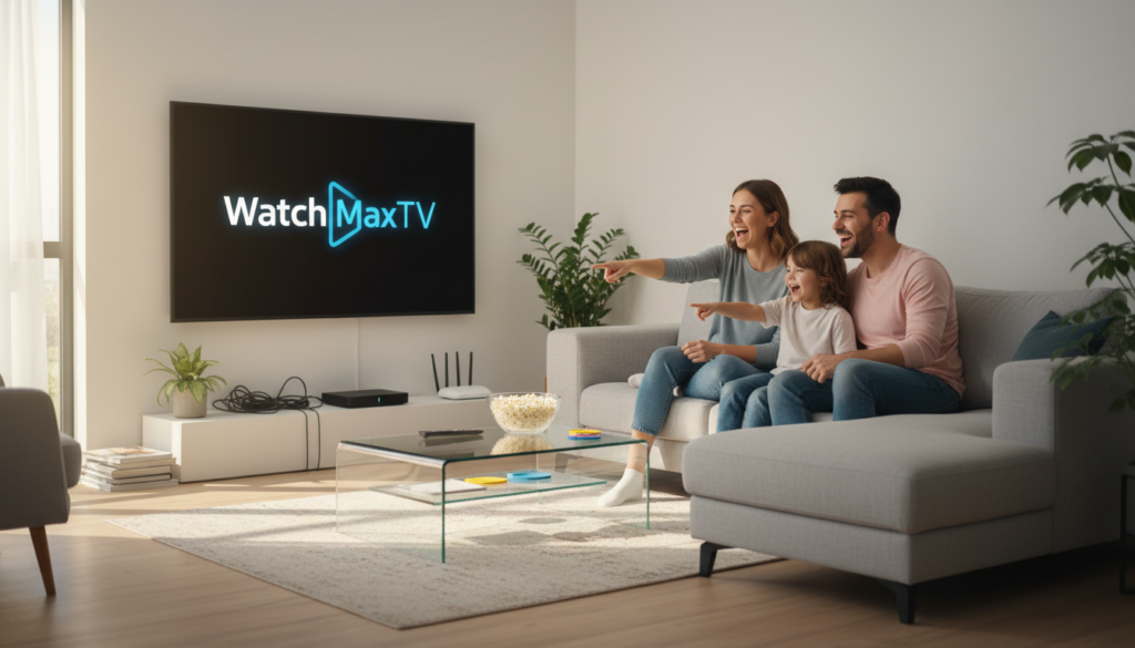 A clean, modern living room setting featuring a sleek television displaying the "WatchMaxTV" logo, symbolizing a high-quality streaming service. In the foreground, a comfortable sofa and a coffee table with a remote control and snacks convey a relaxed viewing atmosphere. In the middle, a family of three—dressed in modest casual clothing—enjoying a movie together, their expressions showing engagement and joy without distractions. Soft, natural lighting filters through a large window, enhancing the inviting ambiance, while a subtle blur in the background suggests a tech-friendly environment with devices like streaming boxes and routers. The overall mood is warm and lively, illustrating buffer-free viewing and connection speeds that enhance streaming quality.