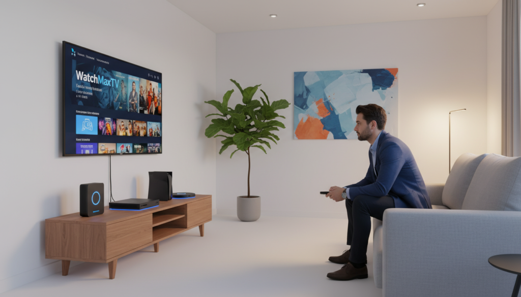A clean modern living room setup featuring a variety of streaming devices, prominently displaying the brand "WatchMaxTV". In the foreground, a sleek smart TV is mounted on the wall, showcasing vibrant streaming content. To the side, a stylish console holds several streaming devices, including a wireless streaming box, a gaming console, and a media player. In the middle ground, a cozy sofa with a professional human figure in business casual clothing is seen intently engaging with the TV. The background features soft, warm lighting that creates a welcoming atmosphere, with subtle decorative elements like indoor plants and modern art. Shot with a slight angle to convey depth, this image encapsulates the integration of technology and device compatibility in a contemporary home environment.