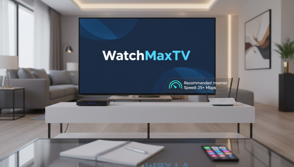 A clean modern office setup showcasing IPTV service requirements, featuring a sleek Smart TV displaying the logo "WatchMaxTV" prominently on the screen. The foreground includes a high-tech streaming device and a router, with visual indicators of recommended internet speed (at least 25 Mbps). The middle ground shows a stylish coffee table with a notebook, pen, and a smartphone displaying streaming options. The background features a well-lit, cozy living room with artistic decor and soft ambient lighting, creating a relaxed and inviting atmosphere. The image emphasizes the technology and connectivity aspect of IPTV services, ensuring everything appears professional and polished, with no human subjects present.