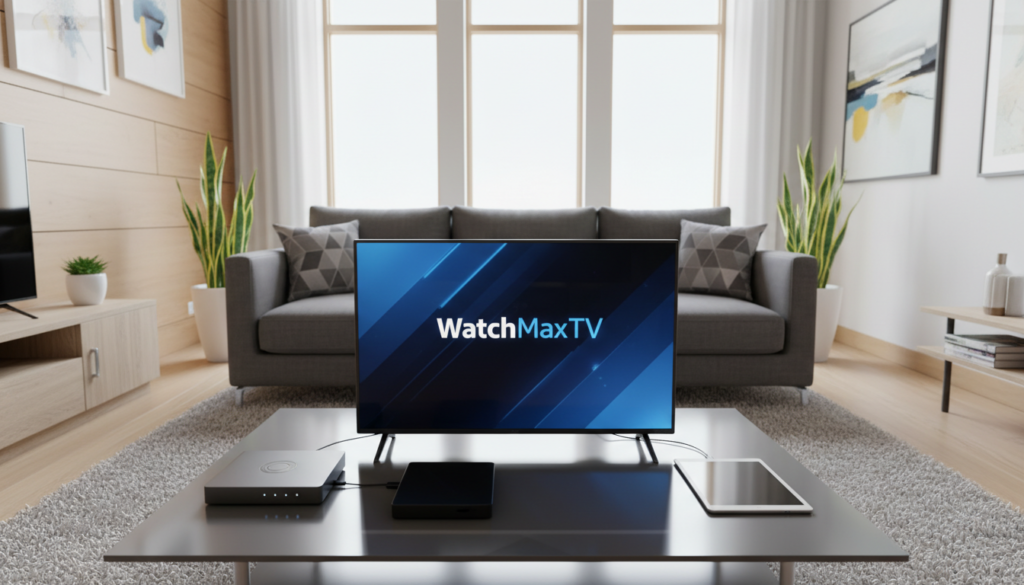 A clean modern setup showcasing a streaming device compatibility configuration for streaming sports content. In the foreground, there are sleek devices such as a smart TV displaying the logo “WatchMaxTV”, a streaming box, and a tablet, all in polished black and silver finishes. The middle area features a stylish entertainment center with a cozy sofa and a few decorative plants. In the background, a well-lit living room with natural light streaming through large windows, accentuated with light wooden panels and contemporary artwork on the walls. The mood is inviting and tech-savvy, reflecting ease of access to streaming services. The image captures a wide-angle perspective, providing a comprehensive view of the setup.