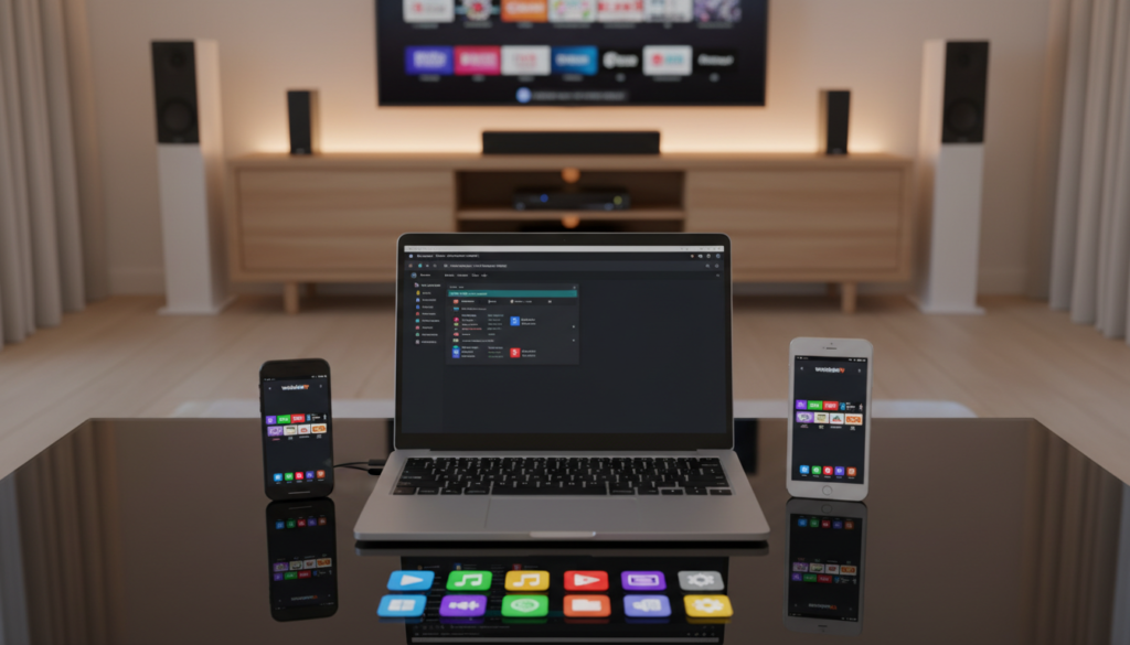 A clean, modern workspace featuring essential tools for managing M3U playlists. In the foreground, a sleek laptop displaying an open M3U playlist management software interface, surrounded by a smartphone and tablet showing streaming apps like WatchMaxTV. In the middle, an array of colorful, organized digital icons representing various playlist tools and software, including audio and video players. The background consists of a stylish home entertainment setup with a flat-screen TV, streaming devices, and speakers, all bathed in soft, warm lighting to create a welcoming atmosphere. The perspective is slightly elevated, emphasizing the workspace's functionality and modern design.
