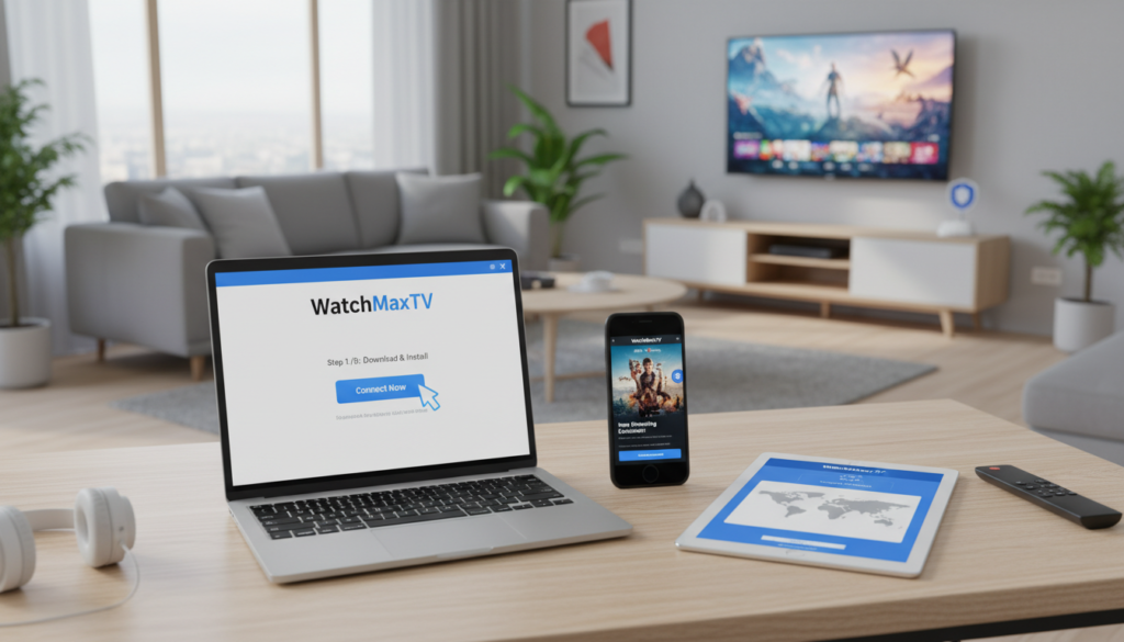 A clean, modern workspace showcasing the step-by-step VPN installation process to bypass geo-blocking for streaming on devices. In the foreground, a sleek laptop displays a VPN software interface with the brand name "WatchMaxTV" prominently featured. In the middle, there's a smartphone with a streaming app opened, reflecting the same VPN connection. A tablet sits next to the laptop, illustrating the versatility of the installation across devices. The background features a stylish living room setting with a large TV displaying vibrant content, symbolizing the intended streaming experience. Soft, natural lighting filters through a nearby window, creating an inviting atmosphere. The angle is a slightly elevated view, capturing the details of the devices and the workspace while maintaining a professional look, suitable for viewers eager to understand the VPN installation process.