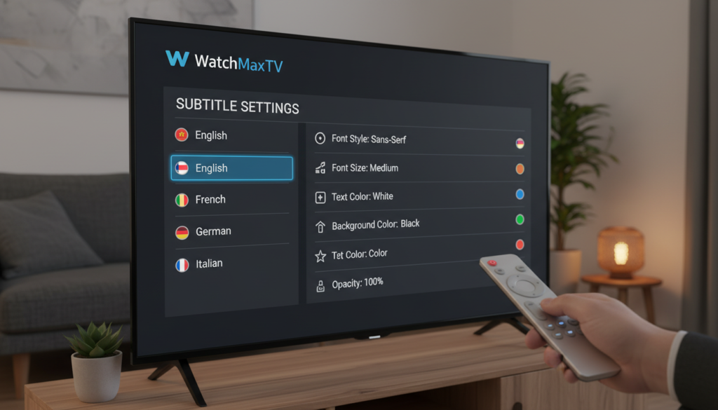 A close-up shot of a sleek, modern IPTV device interface displaying the subtitle settings for "WatchMaxTV". The foreground features a hand interacting with the device's remote control, navigating through a clear, user-friendly settings menu with vibrant icons. In the middle, the on-screen options highlight different subtitle languages and formatting styles, illuminated by soft, ambient lighting that enhances the tech-savvy atmosphere. The background subtly showcases a cozy living room setting, with a stylish TV stand and soft couch, creating a relaxed viewing environment. The overall mood is inviting and informative, designed to inspire confidence in adjusting streaming preferences. A warm light casts gentle shadows, adding depth to the scene.