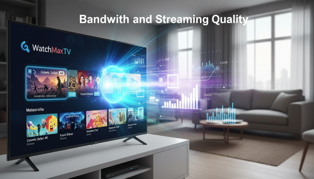 A modern, clean composition depicting the concept of "Bandwidth and Streaming Quality" related to IPTV. In the foreground, a sleek, minimalist TV screen displays a vibrant streaming interface for "WatchMaxTV," showcasing various high-definition content options. Vibrant colors radiate from the screen to signify quality streaming. In the middle ground, abstract digital elements represent data flow, with visual symbols of bandwidth like graphs and fluctuating bars, creating a sense of movement and energy. The background features a modern living room setup, complete with cozy seating, accentuated by soft natural lighting filtering through large windows, creating a warm, inviting atmosphere. The overall mood conveys efficiency and clarity, emphasizing the importance of bandwidth for seamless streaming experiences.