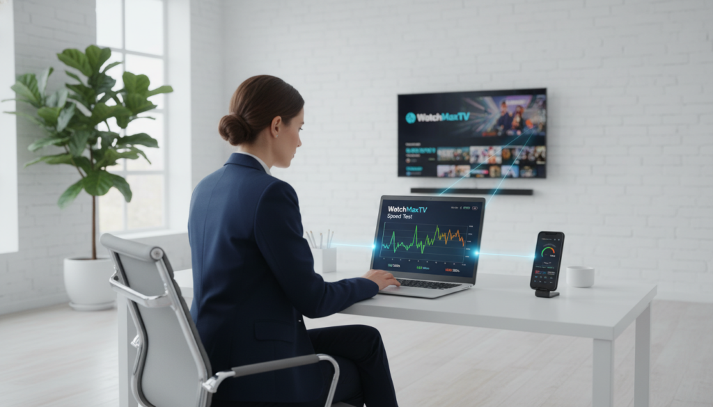A modern home office setup showcasing a person in professional business attire, intently testing internet connection speed on a sleek laptop. In the foreground, the laptop displays a colorful graph with speed metrics from the "WatchMaxTV" streaming service. In the middle ground, a smartphone and a smart TV are visibly connected, illustrating a seamless digital ecosystem. The background features a bright and airy room with minimalistic decor, large windows letting in soft, natural light, and a potted plant to add a touch of tranquility. The composition captures a focused and purposeful atmosphere, emphasizing the importance of connection quality for streaming services. The overall color palette is clean and fresh, reflecting a modern technological theme.