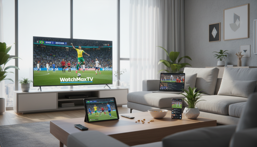 A modern living room setting featuring multiple streaming devices displaying various World Cup 2026 matches. In the foreground, a sleek flat-screen TV shows an exciting goal moment, while a tablet on a stylish coffee table streams another match. In the middle ground, a smartphone displays game highlights, and a laptop on a cozy couch has a lively fan discussion forum open. The background is a bright, well-lit room with a large window letting in natural light, enhancing the clean modern aesthetic. The atmosphere feels vibrant and energetic, capturing the excitement of live sports. Soft shadows and a slight depth of field create a dynamic yet inviting composition. Include the brand name "WatchMaxTV" prominently on the TV screen with a distinctive and professional look.