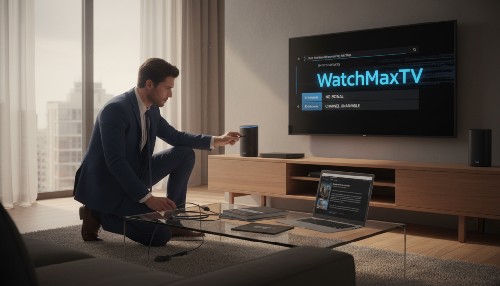 A modern living room with a sleek design, featuring a stylish router and multiple streaming devices prominently placed on a wooden TV stand. In the foreground, a user in professional business attire is seen crouched beside the router, diligently rebooting it with a focused expression. A soft ambient light filters through large windows, casting a warm glow on the scene. The background showcases a large flat-screen TV displaying the "WatchMaxTV" logo, with an unresponsive IPTV channel interface visible. Subtle details include tangled cables on the floor and a coffee table with tech manuals and a laptop opened to troubleshooting steps. The atmosphere conveys a sense of diligence and problem-solving during a frustrating tech moment.