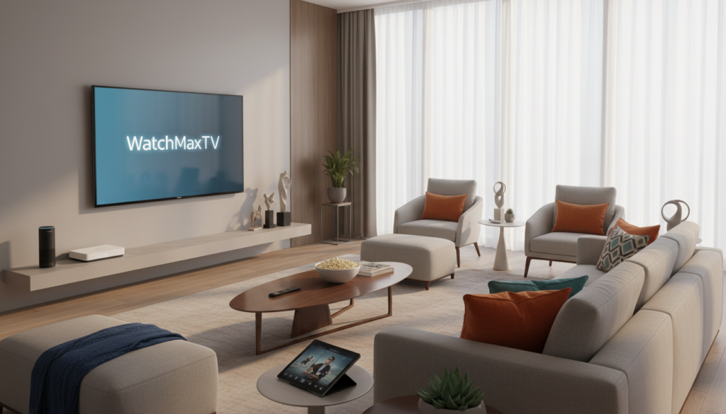 A modern, sleek living room featuring a high-end TV displaying the "WatchMaxTV" logo prominently on the screen. In the foreground, a stylish coffee table holds a remote control, popcorn bowl, and a tablet streaming content. The middle ground showcases comfortable, chic furniture that invites relaxation, with a plush sofa and vibrant cushions. The background reveals large windows with soft, natural light streaming in, accentuating a cozy atmosphere. Incorporate streaming devices like a modern set-top box, smart speakers, and aesthetic decor that embodies the premium nature of the IPTV service. Use soft lighting to create an inviting and sophisticated mood, and capture the scene from a slightly elevated angle to emphasize the layout and depth of the space.