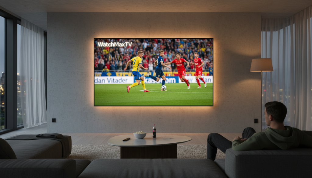 A modern, sleek living room featuring a large flat-screen TV displaying an intense Swedish football match, highlighting players in action. The scene captures the excitement of IPTV with dynamic movement and vibrant colors, showcasing the jerseys of teams and cheering fans in the background. The foreground focuses on a stylish coffee table with a remote and snacks, while a couch sits comfortably with a person dressed in casual, modest clothing, eyes fixed on the screen. Soft, warm lighting enhances the inviting atmosphere, suggesting a cozy evening. The logo of "WatchMaxTV" is subtly integrated into the TV screen to emphasize streaming. The overall mood is energetic yet relaxed, perfect for enjoying a thrilling football game at home.