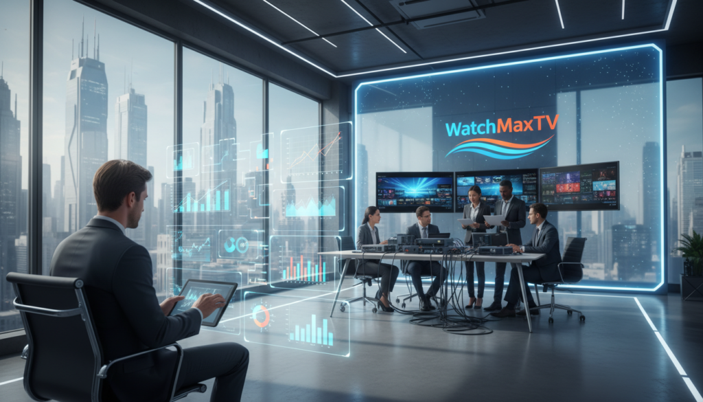 A professional office space with sleek, modern design showcasing a large screen displaying the "WatchMaxTV" logo, symbolizing adaptive bitrate streaming. In the foreground, a technician in business attire analyzes data on a laptop, while colorful graphs and charts representing QoS metrics float around them. In the middle, a group of diverse professionals collaborate over IP networking equipment and smart TVs, engaged in discussions about IPTV network optimization. The background features a futuristic city skyline visible through large windows, illuminated by natural light. The scene conveys a mood of innovation and efficiency, showcasing the importance of seamless streaming experiences and robust network solutions.