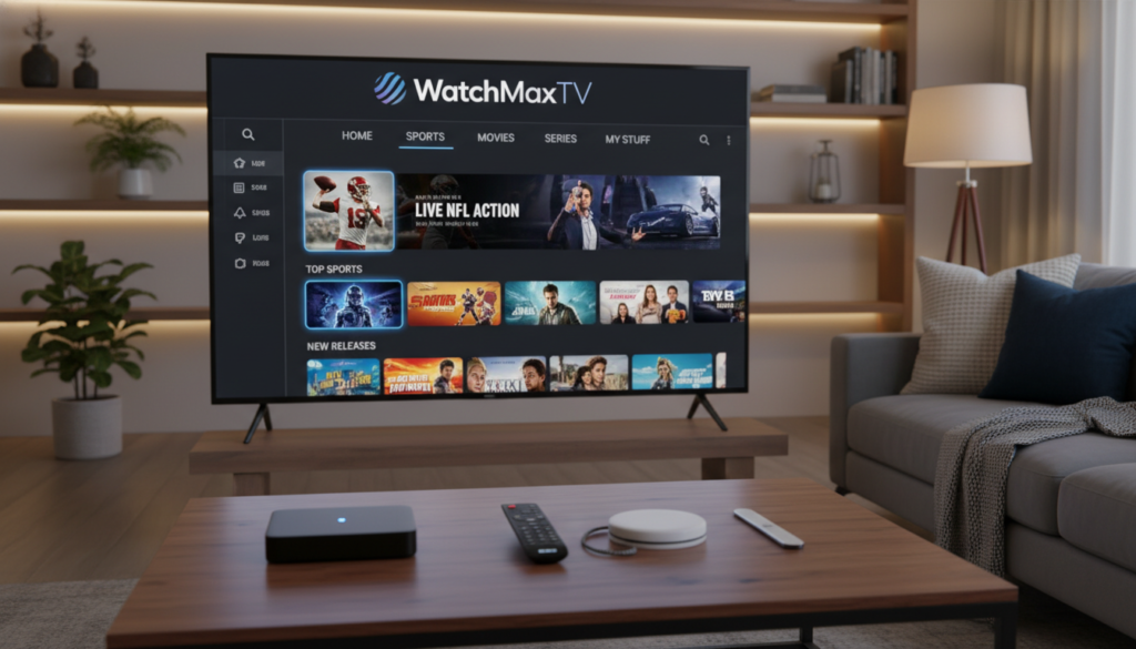A sleek and modern interface of a premium streaming service called "WatchMaxTV" displayed on a large, high-resolution TV screen in a cozy living room setting. In the foreground, a stylish coffee table showcases a remote control and a few popular streaming devices. The middle ground features a comfortable sectional sofa, elegantly decorated with plush pillows, inviting viewers to relax. In the background, soft, ambient lighting bathes the room, creating a warm atmosphere. The screen showcases vibrant thumbnails of various sports, movies, and series, emphasizing the rich content available on WatchMaxTV. The overall mood is inviting and sophisticated, reflecting a premium viewing experience in a clean, contemporary style, all captured from a slightly elevated angle to enhance the visual appeal.