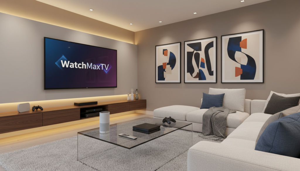 A sleek and modern living room featuring a large flat-screen TV displaying the brand logo "WatchMaxTV" prominently. In the foreground, a stylish coffee table adorned with a remote control and streaming devices such as a smart speaker and game console. The middle ground showcases a cozy sofa with cushions, inviting viewers to relax and enjoy premium content. In the background, walls adorned with elegant art pieces and soft, ambient lighting casting a warm glow over the scene. The overall atmosphere conveys comfort and sophistication, with a focus on technology and entertainment. The perspective is slightly angled to capture both the television and the inviting setup, enhancing the feel of a premium viewing experience.