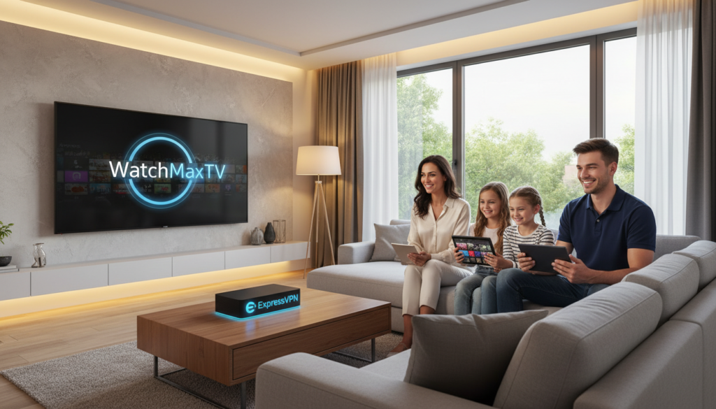 A sleek and modern living room setting, featuring a large flat-screen TV displaying the logo "WatchMaxTV" prominently. In the foreground, a stylish coffee table holds a high-quality streaming device, symbolizing ExpressVPN's fast and easy streaming capabilities. In the middle, a family of four, dressed in casual yet professional attire, gathers on a comfortable sofa, engaged in an enjoyable streaming experience, showcasing the convenience of ExpressVPN for IPTV. The background reveals large windows with natural light streaming in, creating an inviting atmosphere. Bright, warm lighting enhances the cozy vibe, while a slightly elevated angle captures the dynamic interaction among the family members. This image encapsulates the essence of seamless streaming and accessibility that ExpressVPN offers.