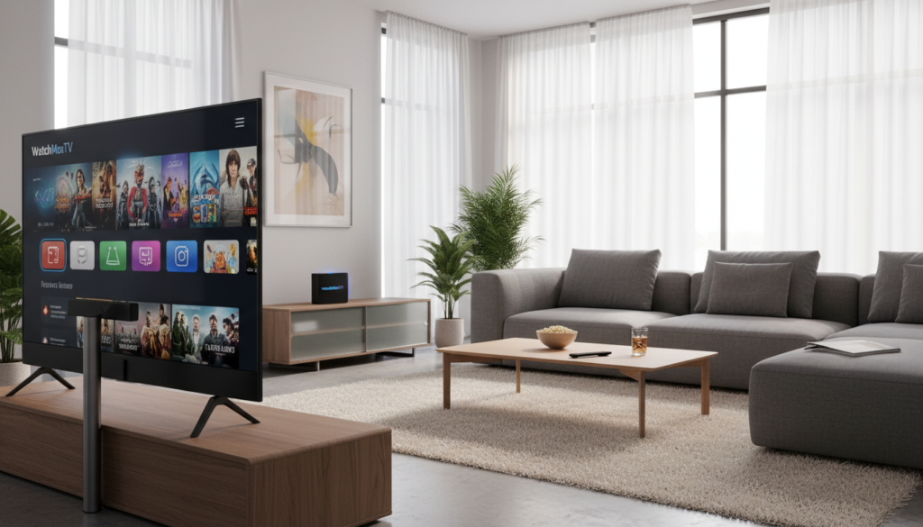 A sleek and modern living room setting showcases the high-quality IPTV streaming features of WatchMaxTV. In the foreground, a stylish flat-screen television displays a vibrant streaming interface, with colorful icons and vivid thumbnails of popular shows. A comfortable sofa is positioned in front of the TV, accompanied by a contemporary coffee table adorned with a remote and snacks, conveying a relaxed viewing atmosphere. The middle ground features a minimalist entertainment center holding a streaming device branded with the WatchMaxTV logo. In the background, large windows let in soft natural light, creating a warm ambiance. Use a wide-angle perspective to emphasize the spacious design. The overall mood is inviting and tech-savvy, perfect for showcasing the innovative features of an IPTV service tailored for modern viewers.