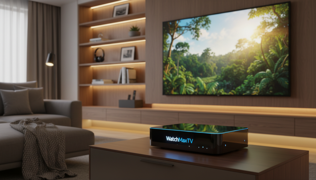 A sleek modern living room setting with a high-definition IPTV box, branded "WatchMaxTV", prominently displayed on a stylish media console. The foreground features a close-up of the IPTV box, showcasing its sharp, clean lines and LED indicators. The middle ground captures a large flat-screen TV displaying vivid, crystal-clear images, representing optimal resolution. In the background, softly lit shelves hold entertainment accessories, creating a cozy atmosphere. The lighting is warm and inviting, with a focus on the IPTV box and screen, suggesting a comfortable viewing experience. The overall mood is sleek and modern, emphasizing cutting-edge technology in home entertainment.