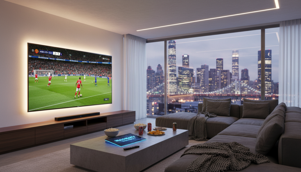 A sleek modern living room with a state-of-the-art television set displaying a Premier League match streaming live, symbolizing the concept of "Premier League blackout". The foreground features a stylish coffee table with a digital device labeled "WatchMaxTV" prominently displayed, surrounded by snacks and drinks, enhancing the viewing experience. In the middle, a cozy sofa with plush cushions invites viewers to sit and enjoy the game. The background shows large windows with a city skyline at dusk, illuminated by soft warm lighting, creating a relaxed atmosphere. The overall mood is that of excitement and comfort for football fans, highlighting a game-changing viewing option. The angle is slightly elevated, offering a clear view of the room and the TV screen without any text or branding overlays.