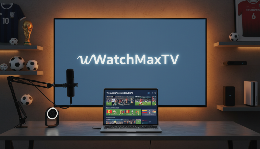 A sleek, modern streaming setup, featuring a large OLED TV displaying the "WatchMaxTV" logo. In the foreground, a stylish laptop with a user-friendly streaming interface open, showcasing highlights of World Cup 2026 matches. To the left, a high-quality microphone and a professional webcam sit on a minimalist desk. Soft, ambient lighting creates a cozy atmosphere, with a subtle glow behind the TV, suggesting evening viewing. In the background, blurred shelves display sports memorabilia and streaming devices like a smart box and gaming console. The scene evokes excitement and anticipation for the upcoming World Cup, aimed at tech-savvy viewers looking to enhance their home viewing experience. The overall composition balances technology and comfort, emphasizing a clean, modern aesthetic.