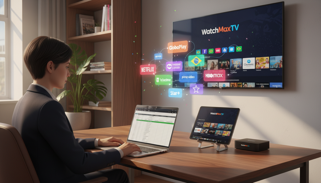 A sleek, modern workspace featuring a stylish desk equipped with multiple streaming devices, including a smart TV, tablet, and streaming box prominently displaying the brand "WatchMaxTV". In the foreground, a professional person in neat business attire is engaged in analyzing streaming options on a laptop. The middle ground captures an organized array of colorful streaming service icons floating above the desk, symbolizing various IPTV channels. The background includes a minimalist bookshelf with tech magazines and a potted plant, bathed in soft, natural light streaming in through a window, creating a warm, inviting atmosphere. The overall mood is focused and dynamic, illustrating the concept of an ultimate buyer's guide for streaming services targeted to Brazilian channels.