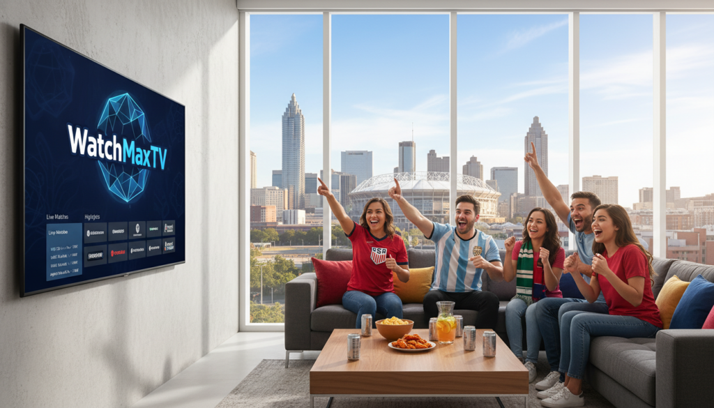 A vibrant, clean modern scene illustrating a streaming guide for World Cup fans in Atlanta. In the foreground, a sleek, contemporary living room with a large flat-screen TV displaying the logo "WatchMaxTV," surrounded by a cozy couch and a coffee table adorned with snacks and drinks. In the middle, a digital interface on the TV screen showcasing various streaming options and scheduled match times, while a group of diverse fans dressed in casual, sporty clothing enthusiastically watch, their faces reflecting excitement. In the background, an Atlanta skyline featuring iconic landmarks like the Bank of America Plaza and the Mercedes-Benz Stadium under a bright, sunny sky, capturing the festive atmosphere of the World Cup. The lighting is bright and inviting, enhancing the mood of camaraderie and celebration.