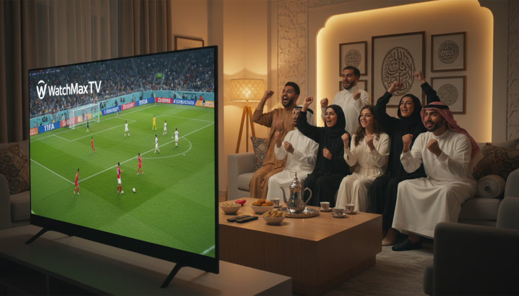 A vibrant scene illustrating Arabic football streaming coverage for the World Cup 2026. In the foreground, a sleek modern living room featuring a large flat-screen TV displaying a football match, with the logo "WatchMaxTV" prominently featured on the screen. On a stylish coffee table, there are remote controls and snacks, creating a cozy atmosphere. In the middle ground, a diverse group of people, dressed in smart casual clothing, are gathered around, passionately watching the game, expressing excitement and joy. The background should depict a well-decorated living space with traditional Arabic motifs, soft lighting creating a warm and inviting mood, emphasizing the communal experience of watching football. The overall composition captures the essence of friends and family enjoying the World Cup 2026 broadcast in Arabic, highlighting modern streaming technology and cultural celebration.