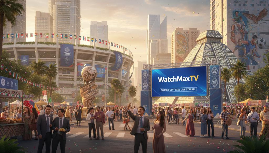 A vibrant streetscape showcasing iconic local culture and attractions of a World Cup 2026 host city. In the foreground, a diverse group of friendly individuals dressed in professional business attire and modest casual clothing are enjoying outdoor activities, such as eating at food stalls and taking selfies with local artwork. The middle ground features famous landmarks, like a stadium or cultural monument, with colorful banners celebrating the event. In the background, a bustling city skyline, sprinkled with greenery and vibrant street art, reflects a lively atmosphere, illuminated by warm, golden hour lighting. A TV screen displaying the "WatchMaxTV" logo indicates a streaming theme, capturing the excitement of the World Cup festivities. The scene conveys a sense of community, celebration, and the rich local heritage surrounding host cities.