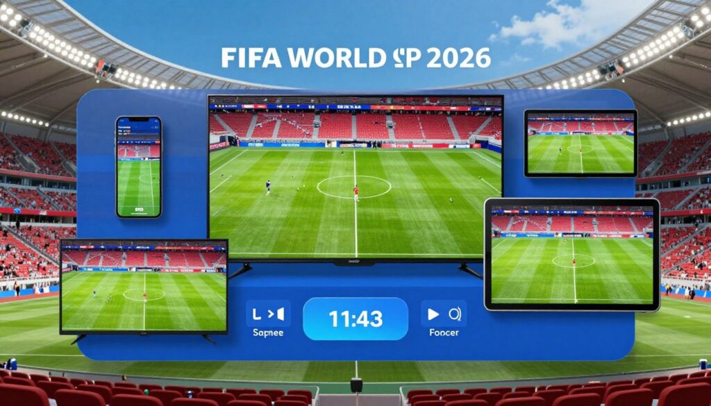 FIFA World Cup 2026 stadium with streaming overlay showing multiple devices