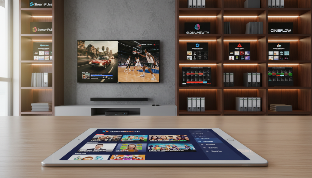 A clean, modern digital workspace showcasing a detailed comparison of IPTV channels and VOD libraries. In the foreground, a sleek tablet displays the logo of "WatchMaxTV" on a vibrant interface with channel options and video thumbnails. The middle ground features a stylish, flat-screen TV mounted on a wall, streaming a variety of content, from movies to live sports. In the background, a well-organized bookshelf with IPTV provider logos and channel lineups stretches across the wall, illuminated by soft, ambient lighting. The atmosphere is professional and inviting, creating a sense of innovation and technology in entertainment. The angle reveals depth, highlighting both the device and the library of content.